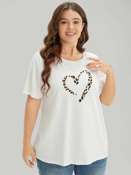 BloomChic Tops - Bloomchic Leopard Heart Print Crew Neck T-Shirt White 14-16